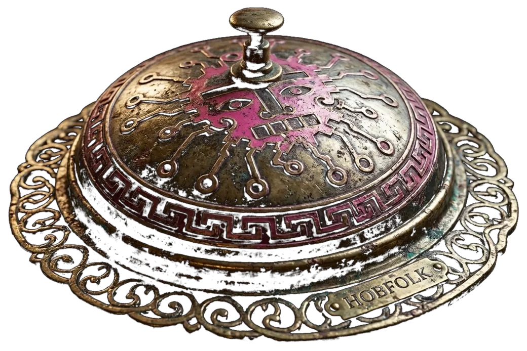 Hobfolk's reception desk bell — an ancient bronze boss with rose enamel and a pierced brass plate engraved HOBFOLK